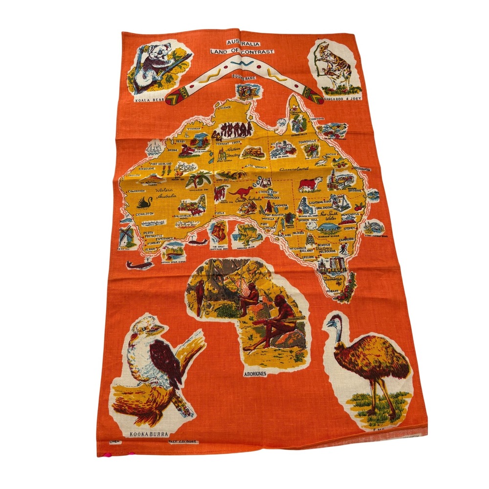 Citer Australia Tea Towel Vintage Orange Linen Map Souvenir Wildlife Cottagecore